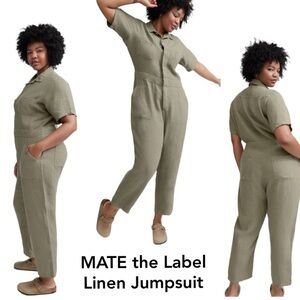 MATE the Label Olive Sage Green 100% Linen Utility Jumpsuit